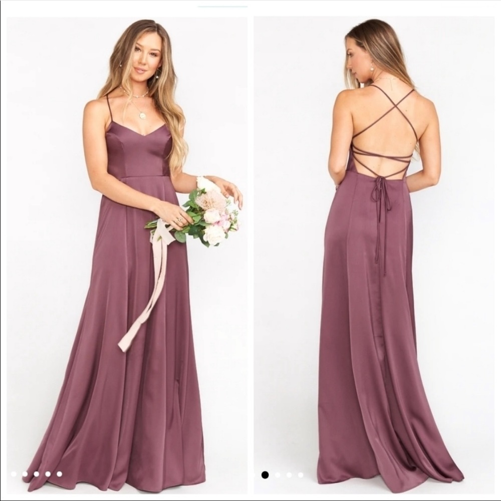 Show Me Your Mumu Godshaw Goddess Gown in Dusty Plum Luxe Satin